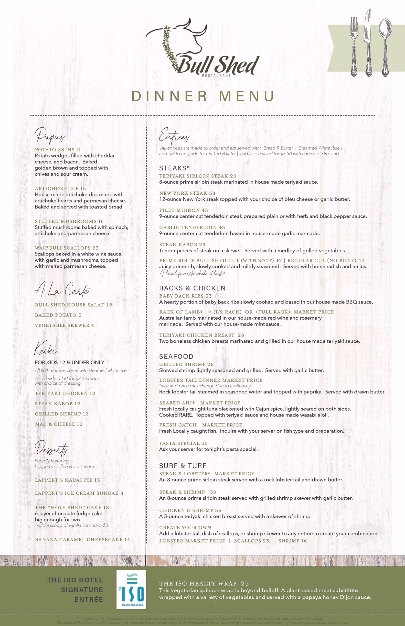 the Bull Shed Dinner menu
